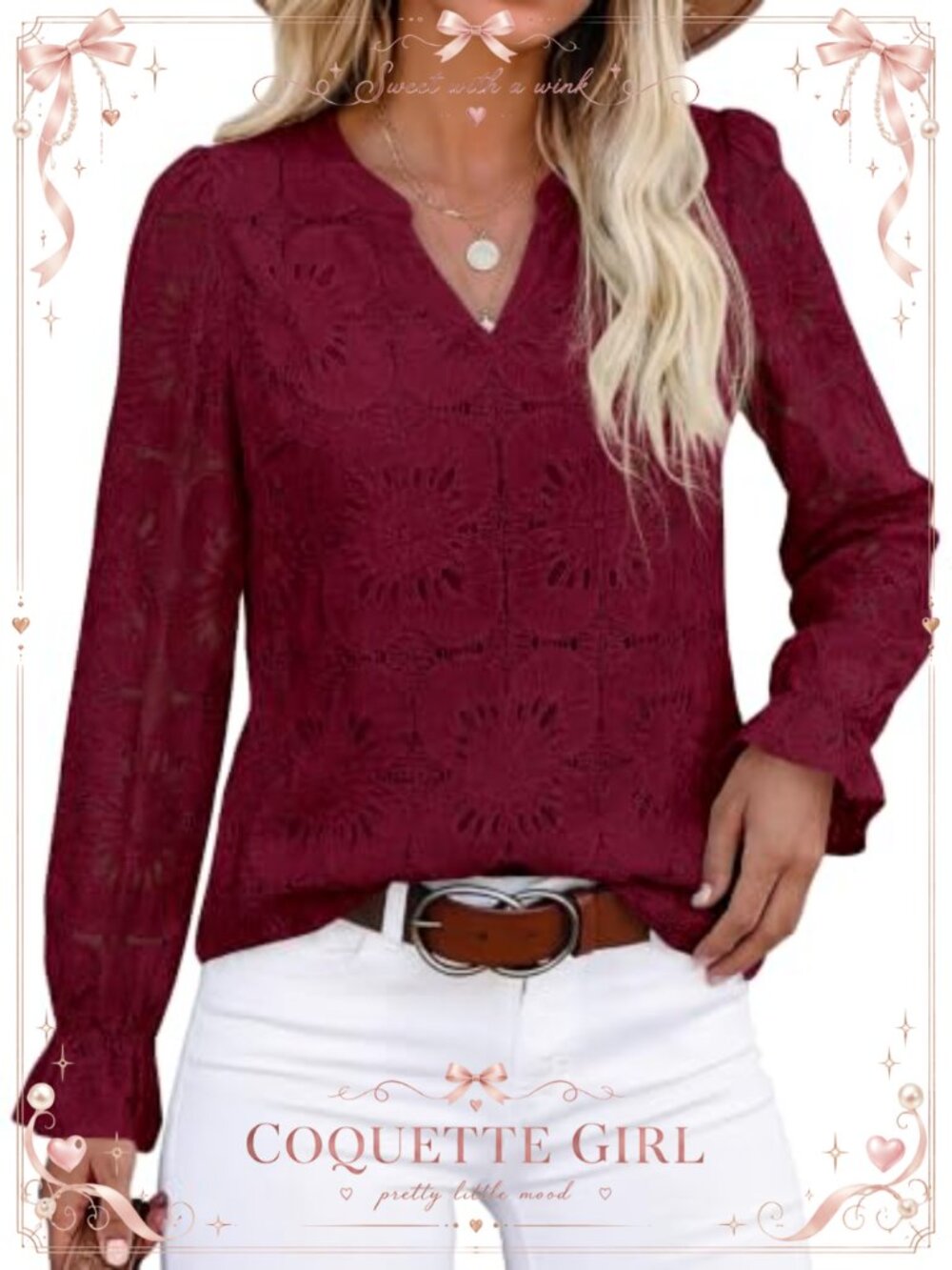 Lace Eyelet Blouse Womens Long Sleeve V-Neck Boho Embroidered Top